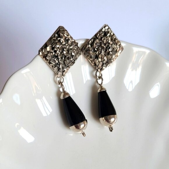Vintage Taxco Sterling Silver Western Chunky Black Onyx Drop Dangle Earrings - Picture 3 of 10